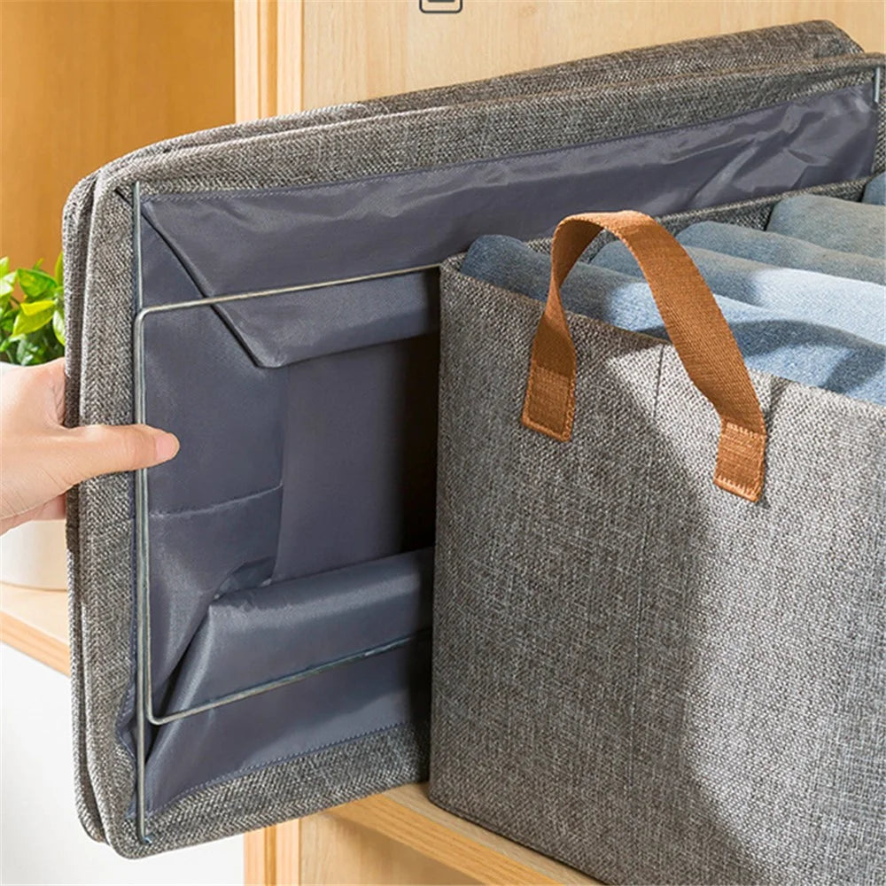 70L Imitation Linen Storage Box Wardrobe Foldable Organizer with Metal Frame - Grey - 4