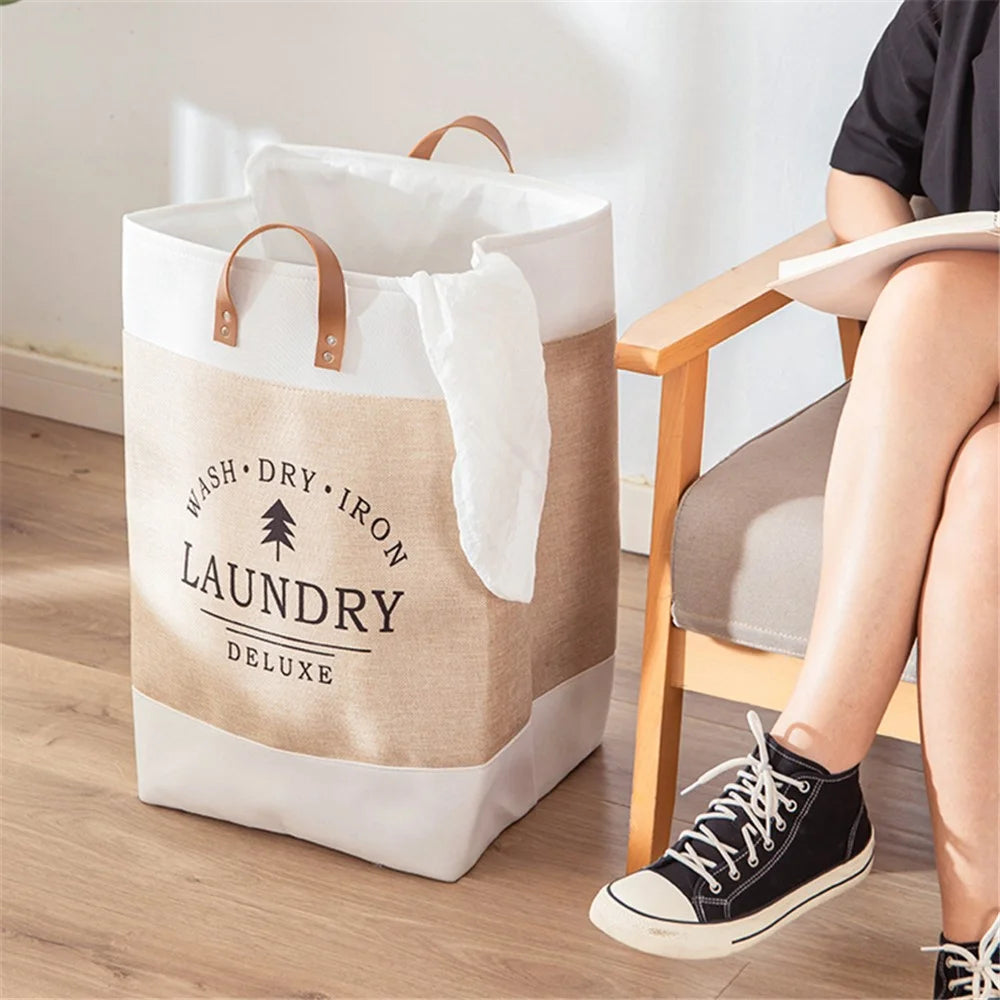 Foldable Laundry Basket Dirty Clothes Storage Bag Oxford Cloth Handbag with Handle Strap - Beige - 2