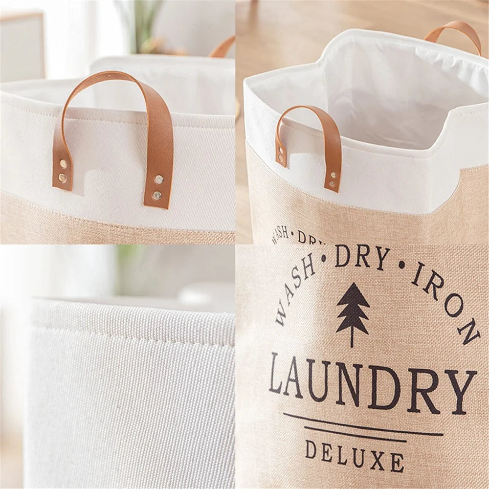 Foldable Laundry Basket Dirty Clothes Storage Bag Oxford Cloth Handbag with Handle Strap - Beige - 5