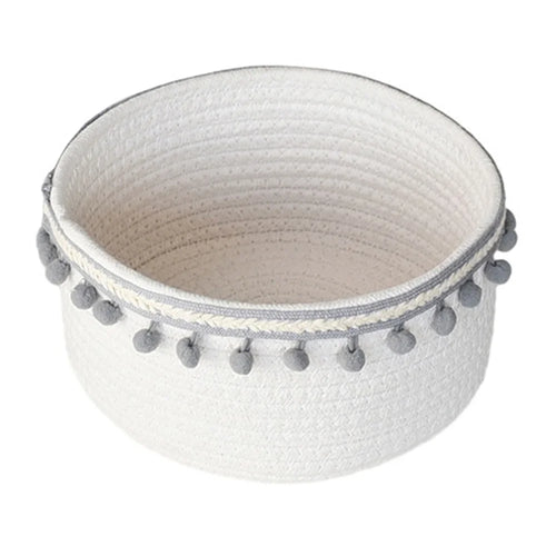 Woven Cotton Rope Storage Basket Desktop Storage Holder with Pompom Tassel - Grey Pompom - 1