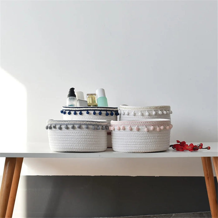 Woven Cotton Rope Storage Basket Desktop Storage Holder with Pompom Tassel - Grey Pompom - 2