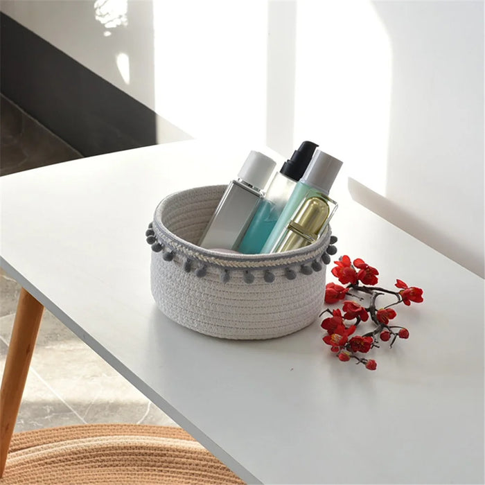 Woven Cotton Rope Storage Basket Desktop Storage Holder with Pompom Tassel - Grey Pompom - 4