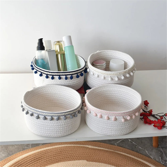 Woven Cotton Rope Storage Basket Desktop Storage Holder with Pompom Tassel - Grey Pompom - 5