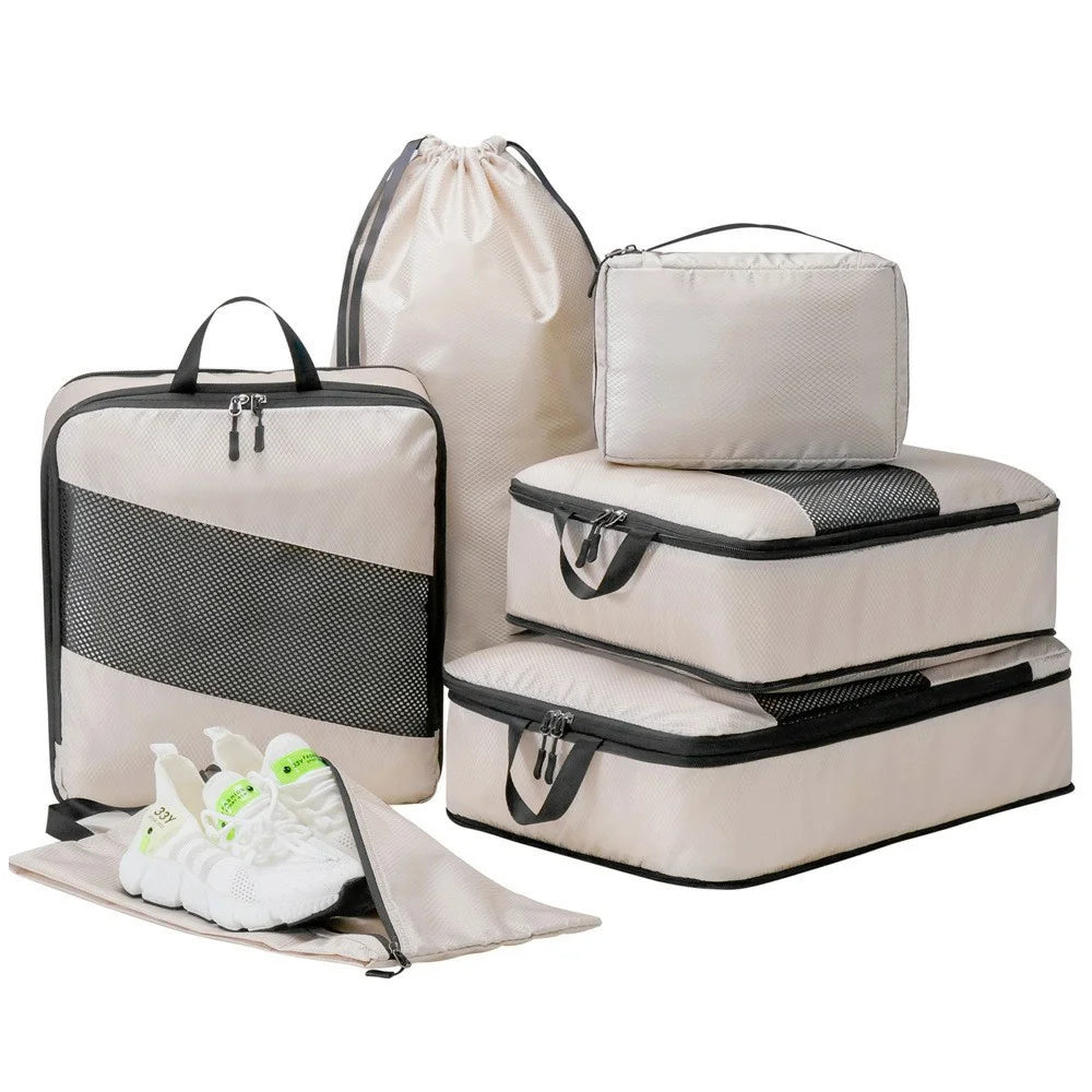 LG6S074 6-Piece Expandable Clothing Storage Bag Travel Organizer Set - Beige - 1