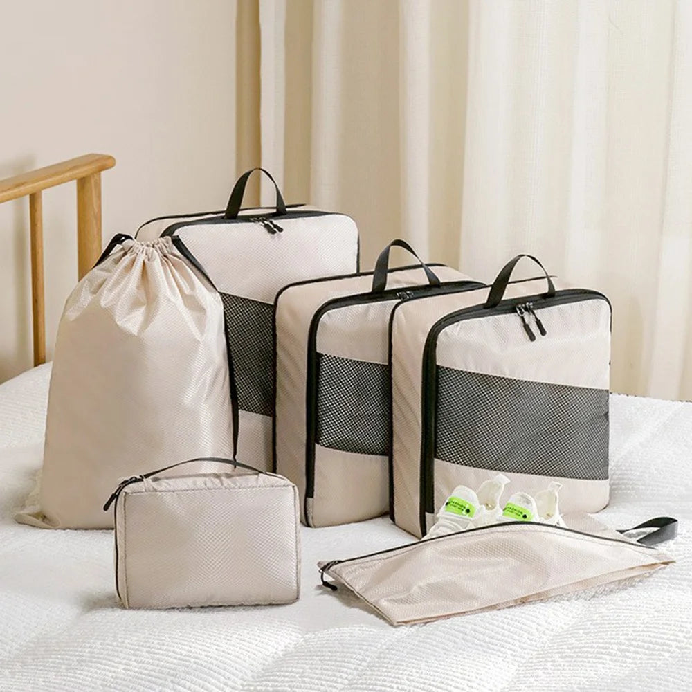 LG6S074 6-Piece Expandable Clothing Storage Bag Travel Organizer Set - Beige - 3