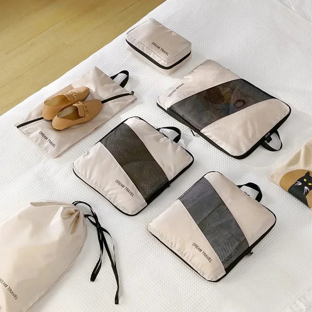 LG6S074 6-Piece Expandable Clothing Storage Bag Travel Organizer Set - Beige - 5