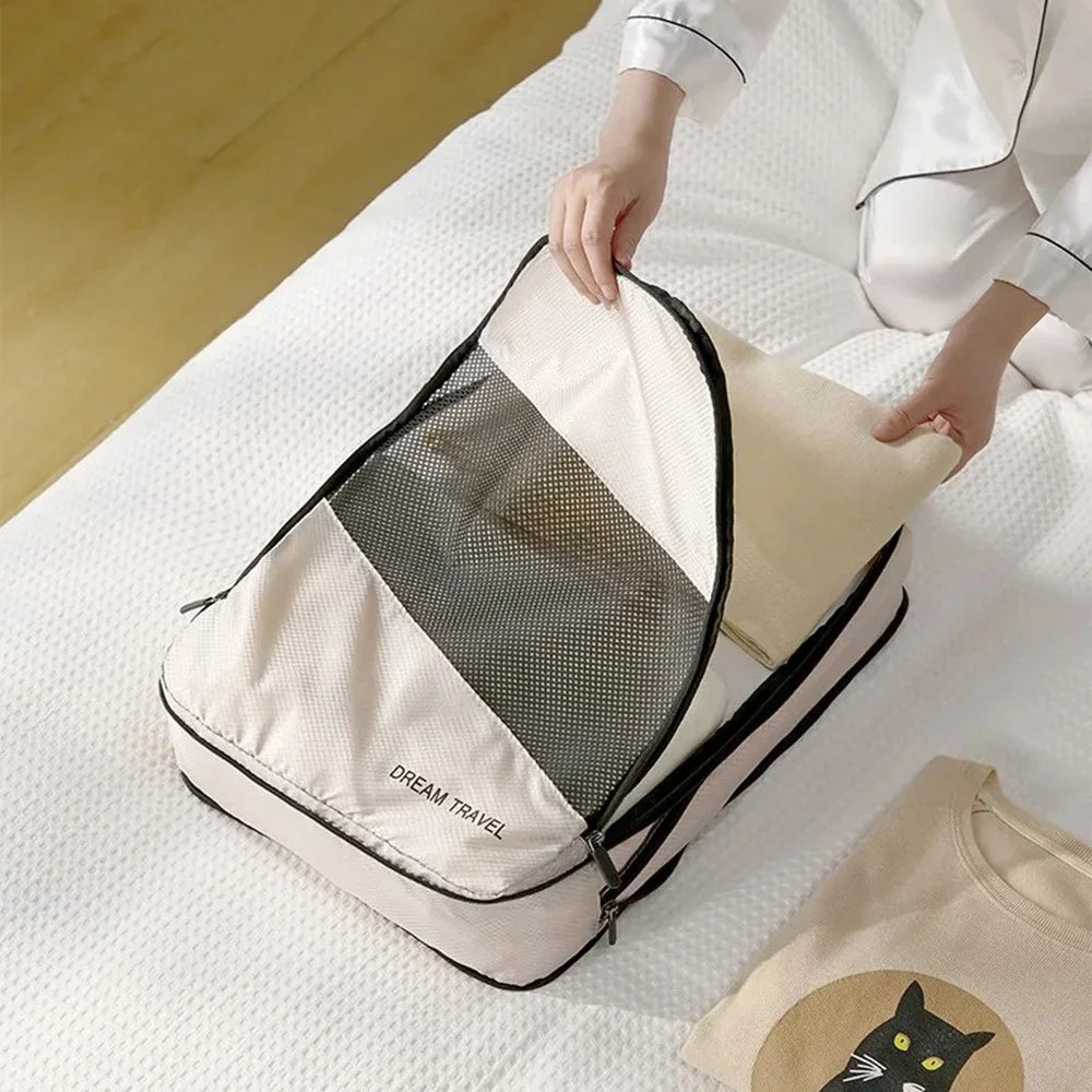 LG6S074 6-Piece Expandable Clothing Storage Bag Travel Organizer Set - Beige - 6