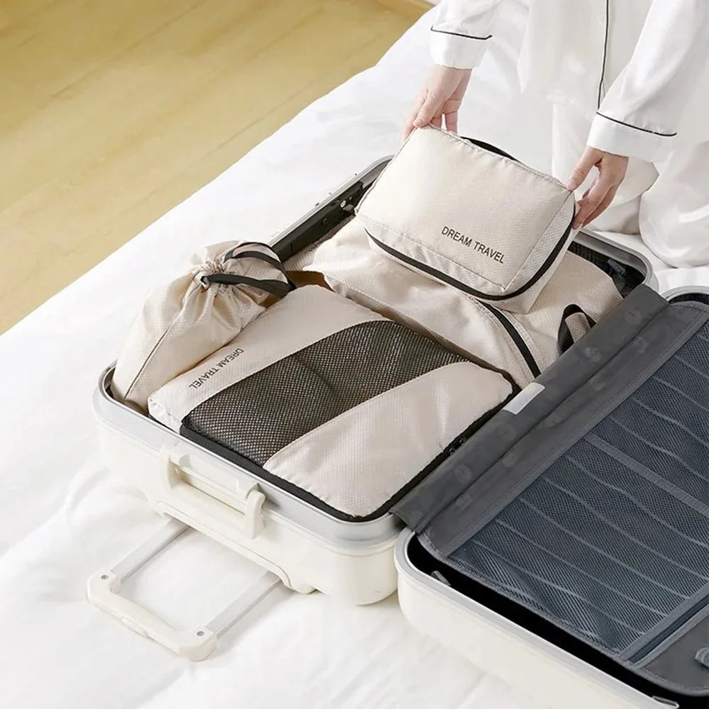 LG6S074 6-Piece Expandable Clothing Storage Bag Travel Organizer Set - Beige - 7