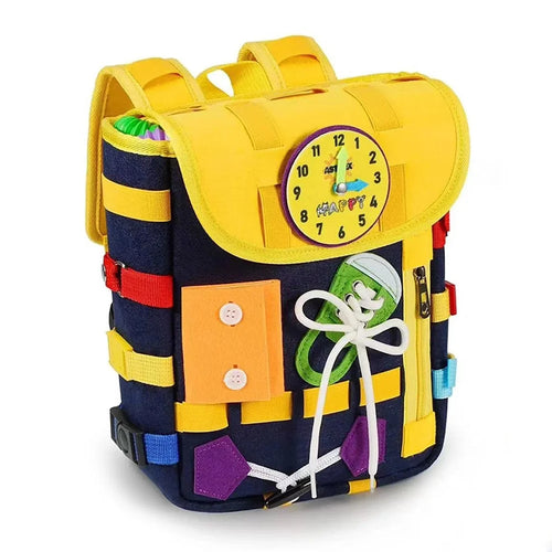 YT-66 Toddlers Busy Board Felt Backpack Educational Toy for Basic Life Skills Learning - Navy Blue - 1
