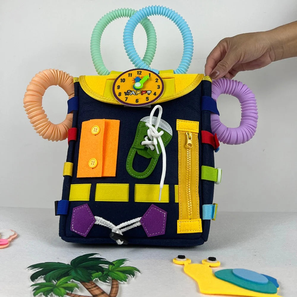 YT-66 Toddlers Busy Board Felt Backpack Educational Toy for Basic Life Skills Learning - Navy Blue - 2