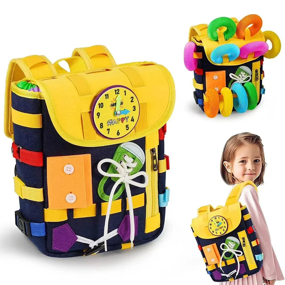 YT-66 Toddlers Busy Board Felt Backpack Educational Toy for Basic Life Skills Learning - Navy Blue - 3