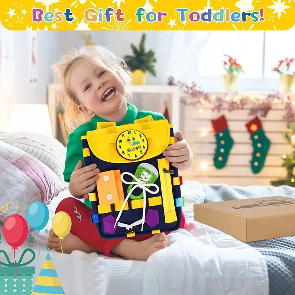YT-66 Toddlers Busy Board Felt Backpack Educational Toy for Basic Life Skills Learning - Navy Blue - 5