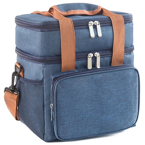 2 Layers Insulated Lunch Bag Large Capacity Food Storage Drink Cooling Handbag with Shoulder Strap - Navy Blue - 1