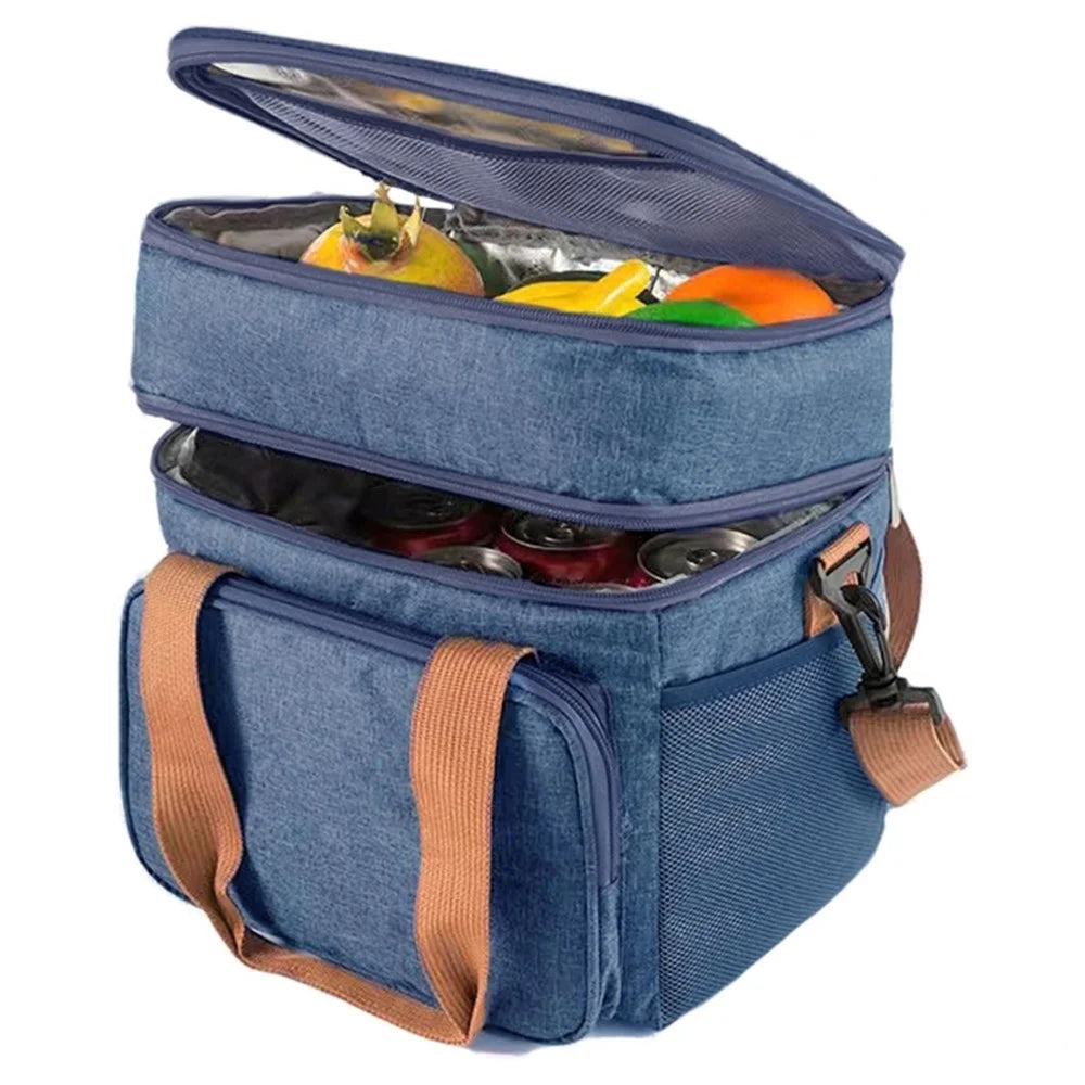 2 Layers Insulated Lunch Bag Large Capacity Food Storage Drink Cooling Handbag with Shoulder Strap - Navy Blue - 2