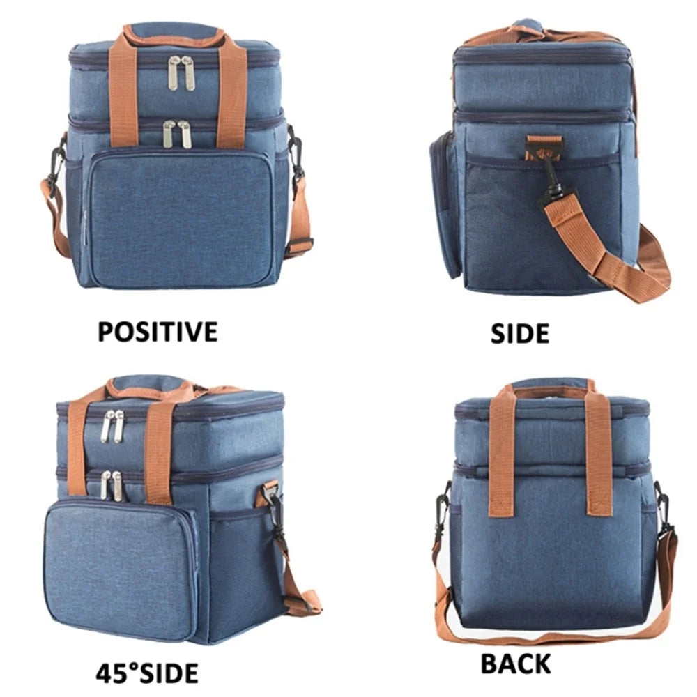 2 Layers Insulated Lunch Bag Large Capacity Food Storage Drink Cooling Handbag with Shoulder Strap - Navy Blue - 3