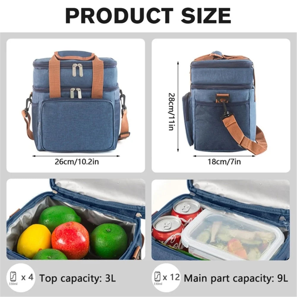 2 Layers Insulated Lunch Bag Large Capacity Food Storage Drink Cooling Handbag with Shoulder Strap - Navy Blue - 4