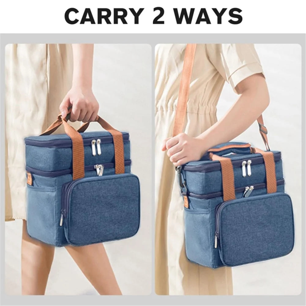 2 Layers Insulated Lunch Bag Large Capacity Food Storage Drink Cooling Handbag with Shoulder Strap - Navy Blue - 6