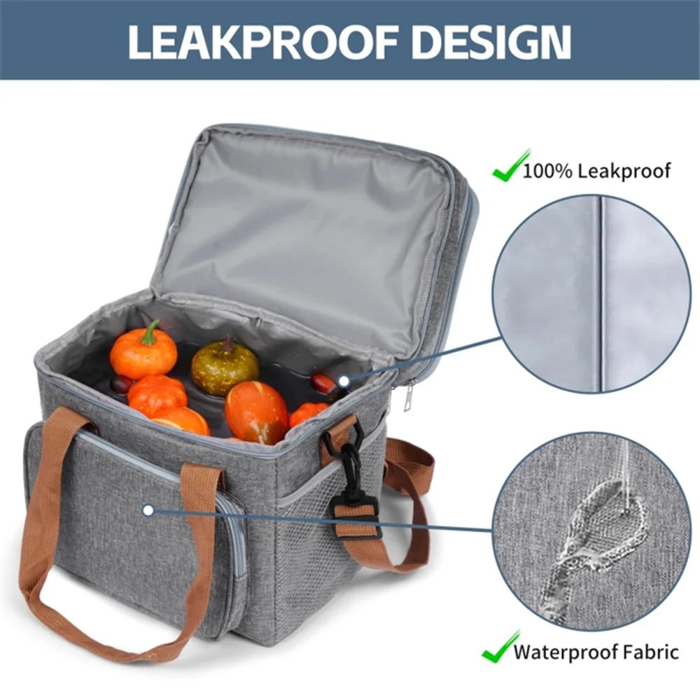 2 Layers Insulated Lunch Bag Large Capacity Food Storage Drink Cooling Handbag with Shoulder Strap - Navy Blue - 7
