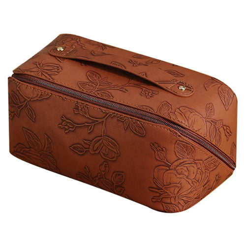 Retro PU Leather Cosmetic Bag Printing Design Travel Toiletries Storage Bag - Brown - 1