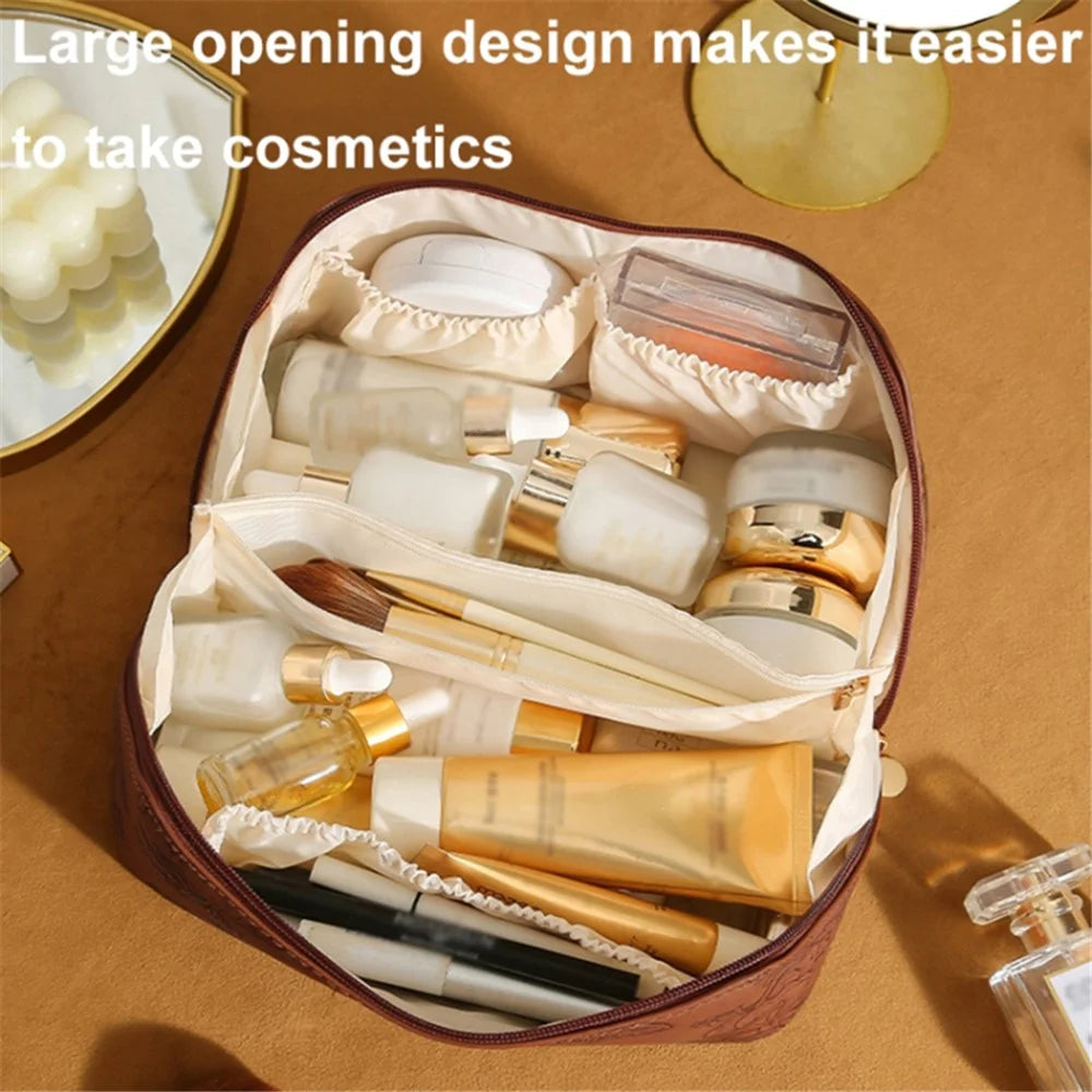 Retro PU Leather Cosmetic Bag Printing Design Travel Toiletries Storage Bag - Brown - 2