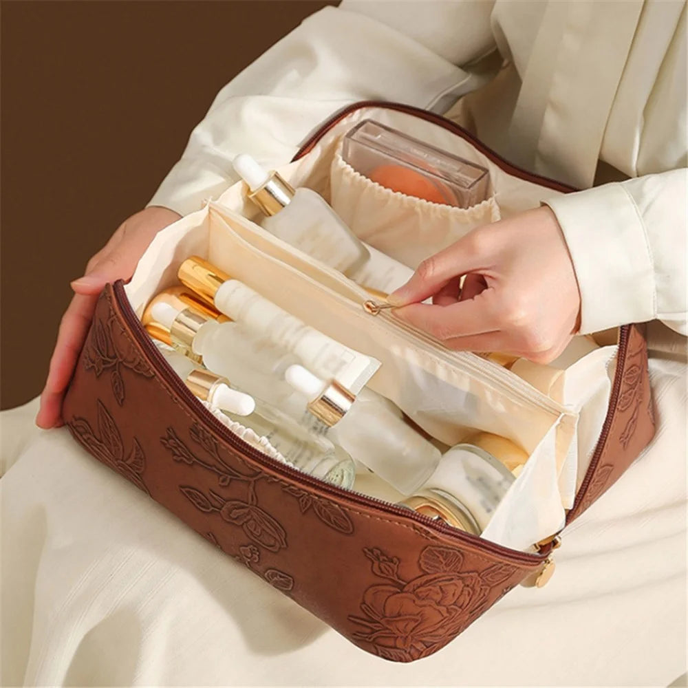 Retro PU Leather Cosmetic Bag Printing Design Travel Toiletries Storage Bag - Brown - 6