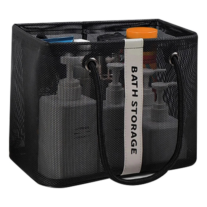Bath Shampoo Organizer Handbag Polyester Fiber Mesh Shower Tote Bag (Short Type) - Black - 1