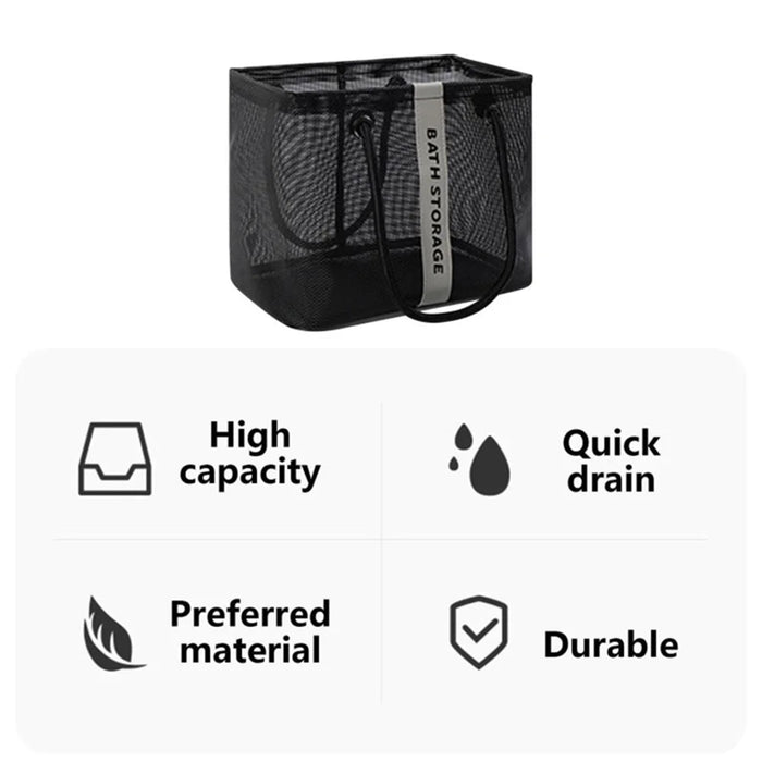 Polyester Fiber Mesh Shower Bag Tote Handbag Bath Shampoo Organizer (Long Type) - Black - 2