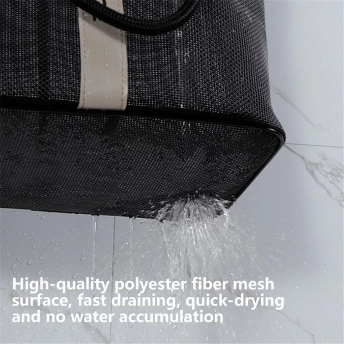 Polyester Fiber Mesh Shower Bag Tote Handbag Bath Shampoo Organizer (Long Type) - Black - 3
