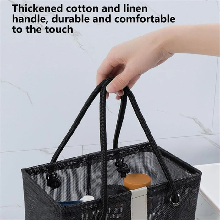 Polyester Fiber Mesh Shower Bag Tote Handbag Bath Shampoo Organizer (Long Type) - Black - 4