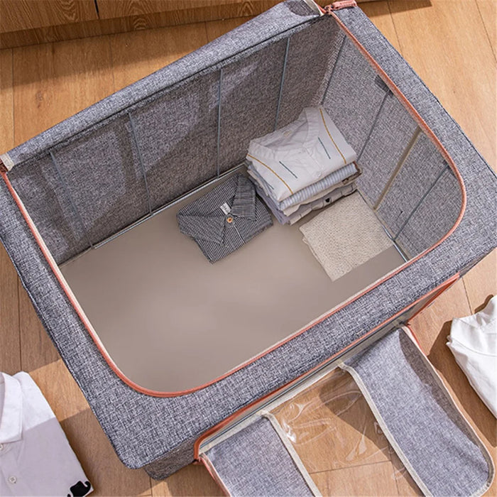 24L Clothes Storage Bags Cotton Linen Clear Window Wardrobe Storage Organizer Box with Handle - Baby Blue - 3