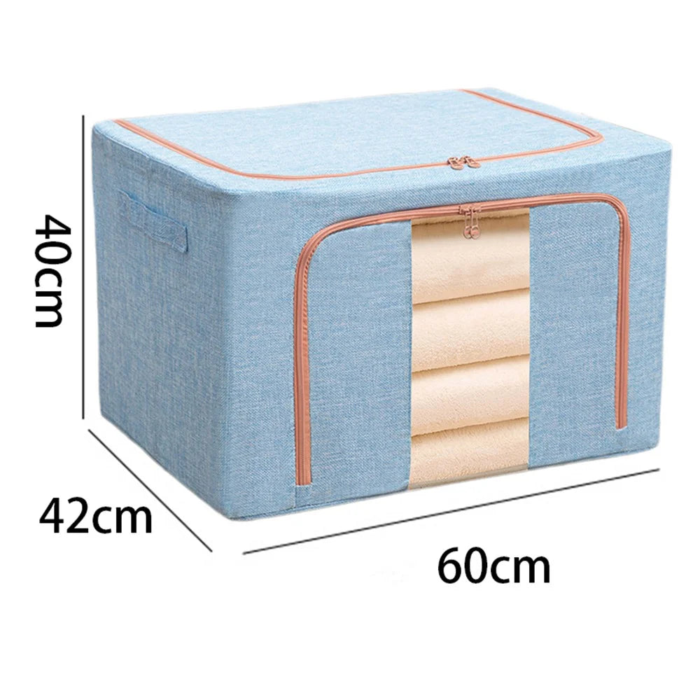 60x42x40cm 100L Linen Storage Box Zipper Lids Folding Cloth Bag with Metal Frame for Home, Dormitory - Baby Blue - 4