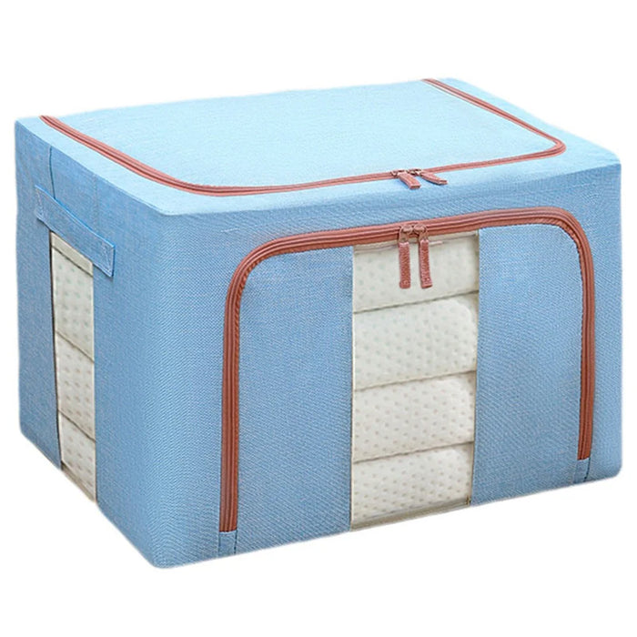 100L Large Capacity Clothes Storage Boxes with Lids Cotton Linen 2 Clear Window Storage Organizer - Sky Blue - 1