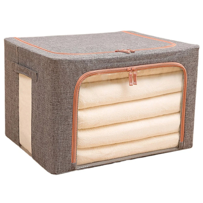 50x40x33cm 66L Clothes Storage Bins Linen Fabric Storage Box with Clear Window and Metal Frame - Grey - 1