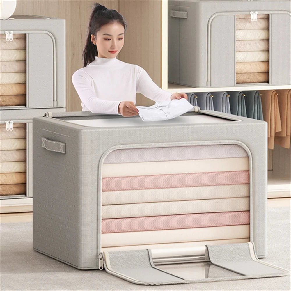 24L 40x30x20cm Clothes Storage Bins with Foldable Sturdy Frame Household Closet Organizers - Single Window / Light Grey - 2