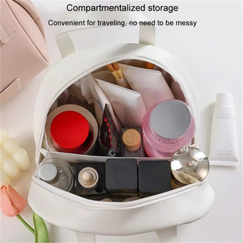 Handheld Shell Makeup Bag Large Capacity PU Leather+Polyester Travel Toiletries Storage Bag - Milky White - 2