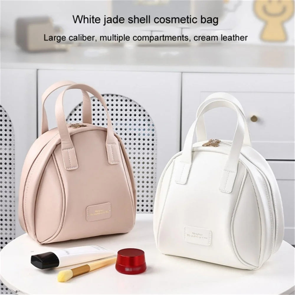 Handheld Shell Makeup Bag Large Capacity PU Leather+Polyester Travel Toiletries Storage Bag - Milky White - 7