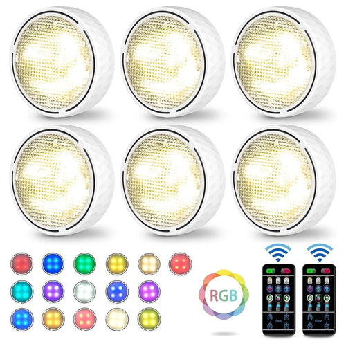 6Pcs Cabinet Bedside Round Lamp Dimmable Timing RGB LED Night Light with 2 Remote Control - White - 1
