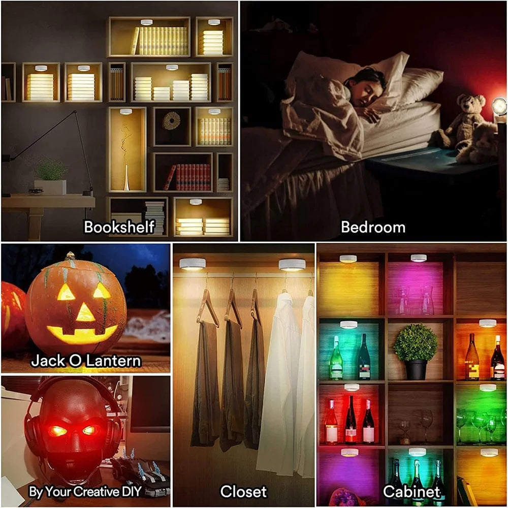 6Pcs Cabinet Bedside Round Lamp Dimmable Timing RGB LED Night Light with 2 Remote Control - White - 2