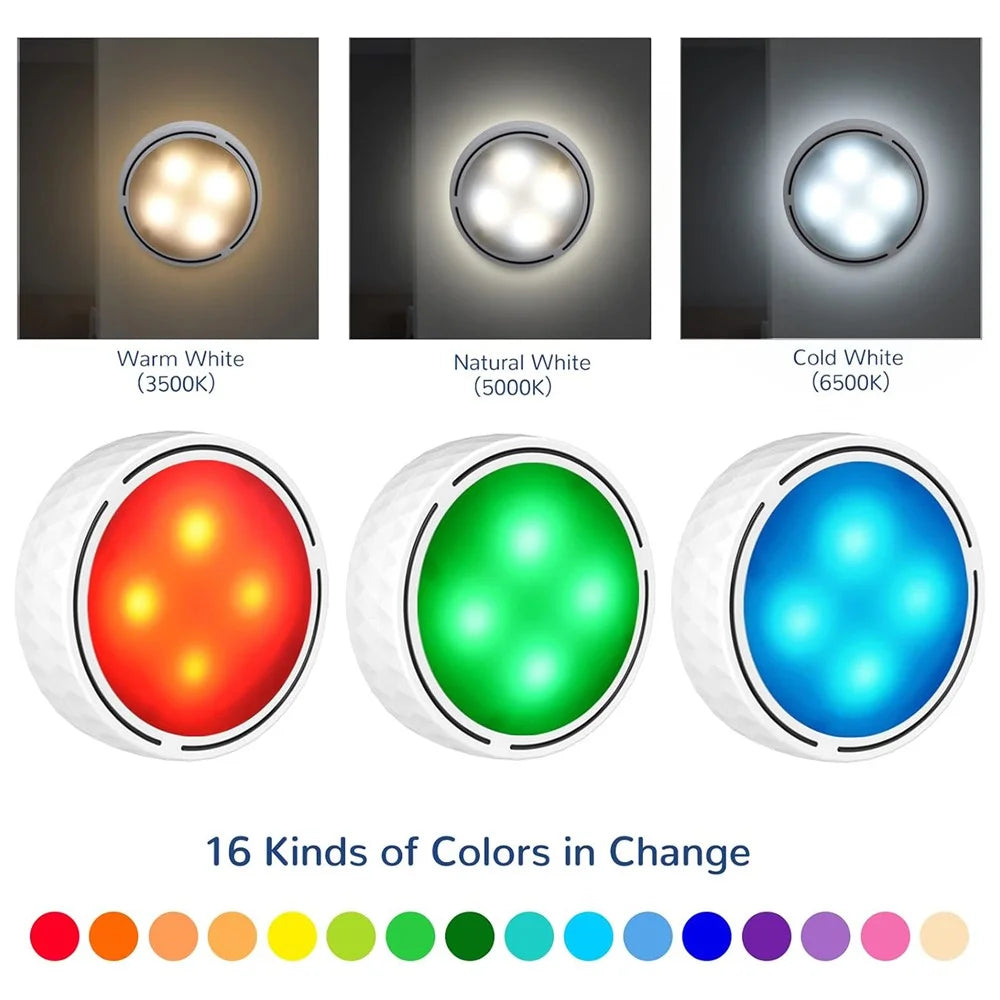 6Pcs Cabinet Bedside Round Lamp Dimmable Timing RGB LED Night Light with 2 Remote Control - White - 4