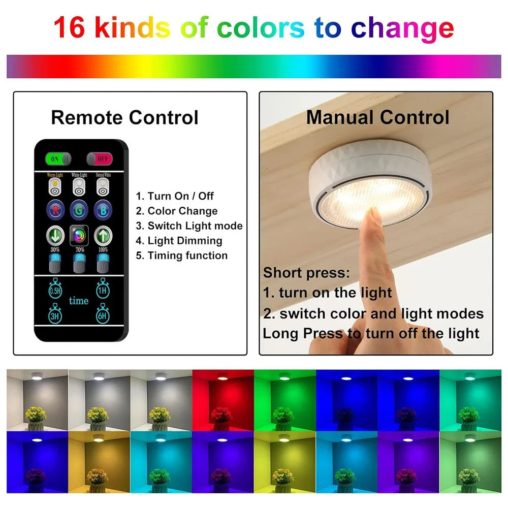 6Pcs Cabinet Bedside Round Lamp Dimmable Timing RGB LED Night Light with 2 Remote Control - White - 6