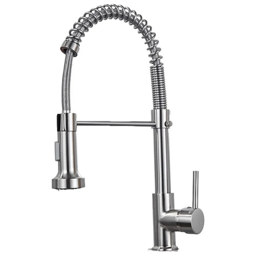 Spring Pull-Out Kitchen Stainless Steel Hot Cold Water Faucet Splash-Proof 2 Modes Sink Faucet with 2 Water Inlet Hoses - Electroplating Silver - 1
