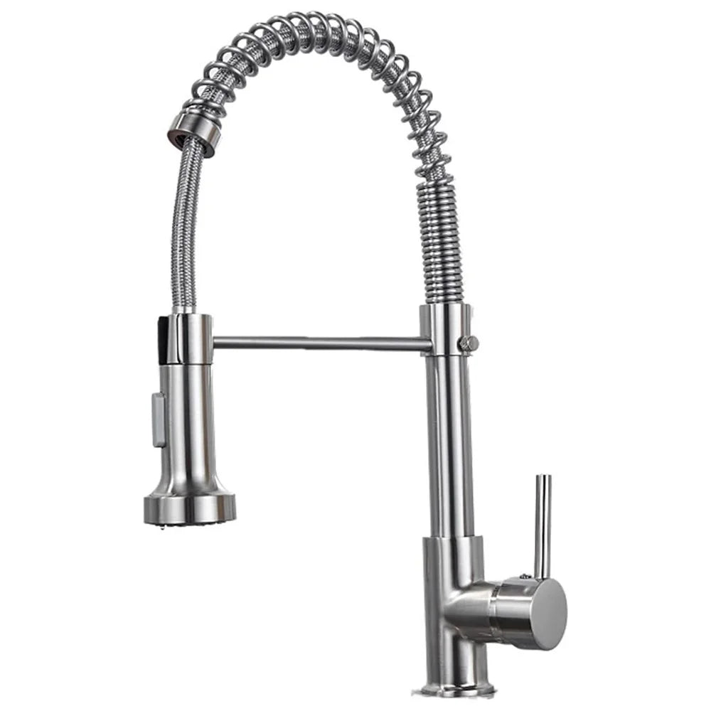 Spring Pull-Out Kitchen Stainless Steel Hot Cold Water Faucet Splash-Proof 2 Modes Sink Faucet with 2 Water Inlet Hoses - Electroplating Silver - 1