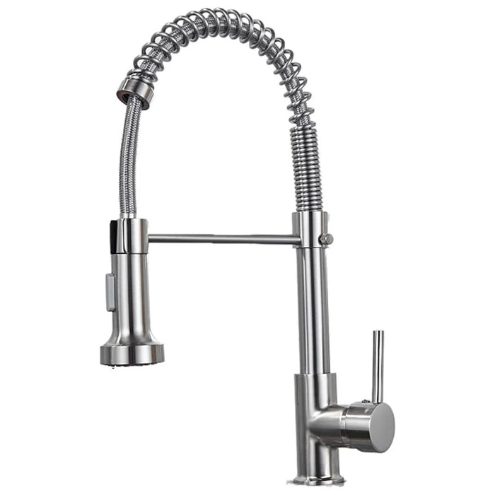 Spring Pull-Out Kitchen Stainless Steel Hot Cold Water Faucet Splash-Proof 2 Modes Sink Faucet with 2 Water Inlet Hoses - Electroplating Silver - 1