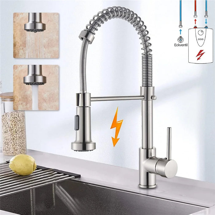 Spring Pull-Out Kitchen Stainless Steel Hot Cold Water Faucet Splash-Proof 2 Modes Sink Faucet with 2 Water Inlet Hoses - Electroplating Silver - 2