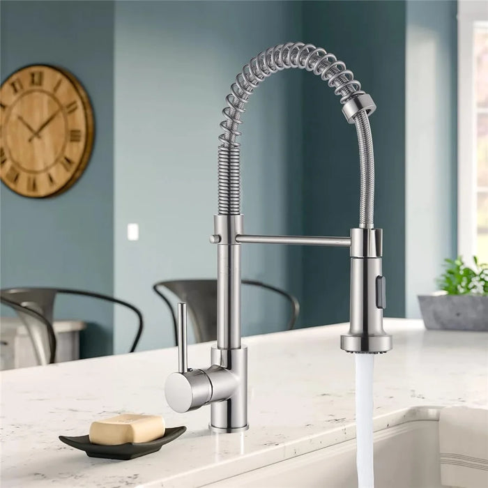 Spring Pull-Out Kitchen Stainless Steel Hot Cold Water Faucet Splash-Proof 2 Modes Sink Faucet with 2 Water Inlet Hoses - Electroplating Silver - 3