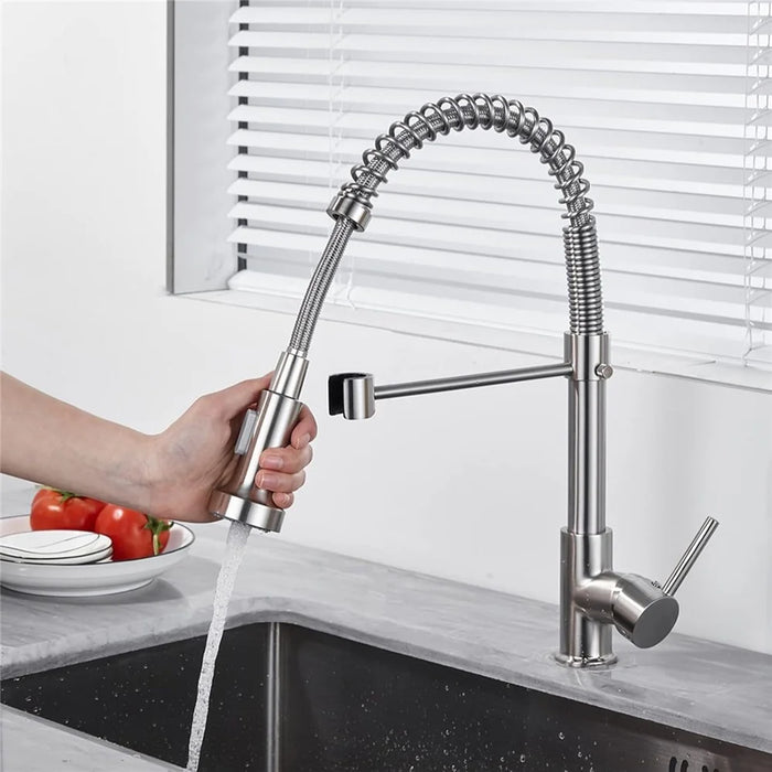 Spring Pull-Out Kitchen Stainless Steel Hot Cold Water Faucet Splash-Proof 2 Modes Sink Faucet with 2 Water Inlet Hoses - Electroplating Silver - 4