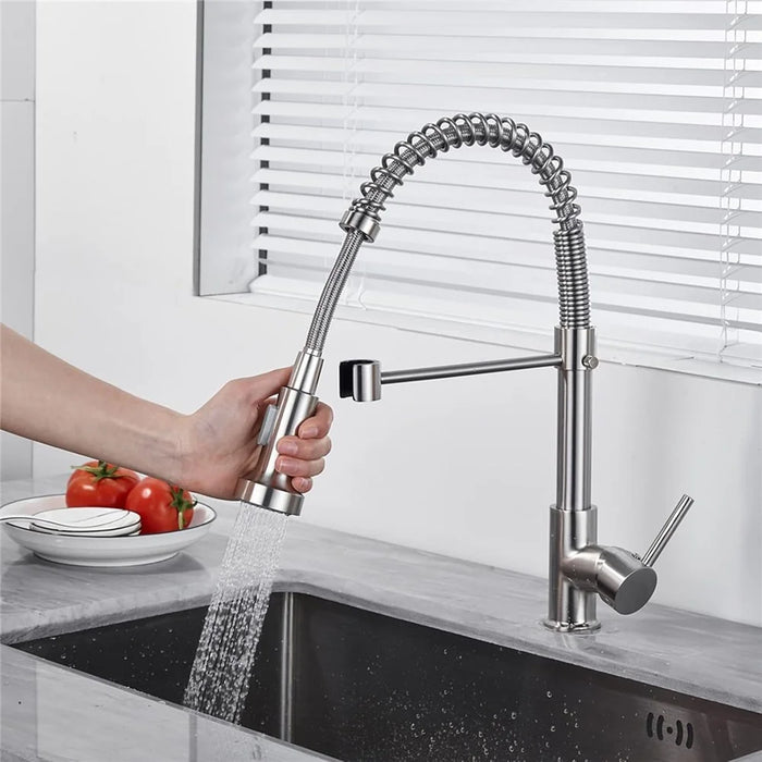 Spring Pull-Out Kitchen Stainless Steel Hot Cold Water Faucet Splash-Proof 2 Modes Sink Faucet with 2 Water Inlet Hoses - Electroplating Silver - 5