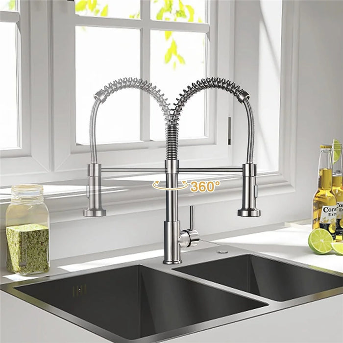 Spring Pull-Out Kitchen Stainless Steel Hot Cold Water Faucet Splash-Proof 2 Modes Sink Faucet with 2 Water Inlet Hoses - Electroplating Silver - 6