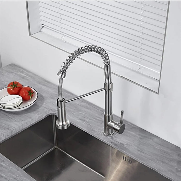 Spring Pull-Out Kitchen Stainless Steel Hot Cold Water Faucet Splash-Proof 2 Modes Sink Faucet with 2 Water Inlet Hoses - Electroplating Silver - 7