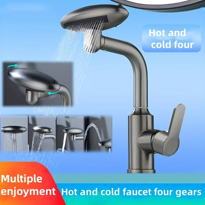 Wash Basin Rotatable Four Modes Hot and Cold Water Faucet Home Bathroom Tap with 2 Water Inlet Pipes - Grey - 4